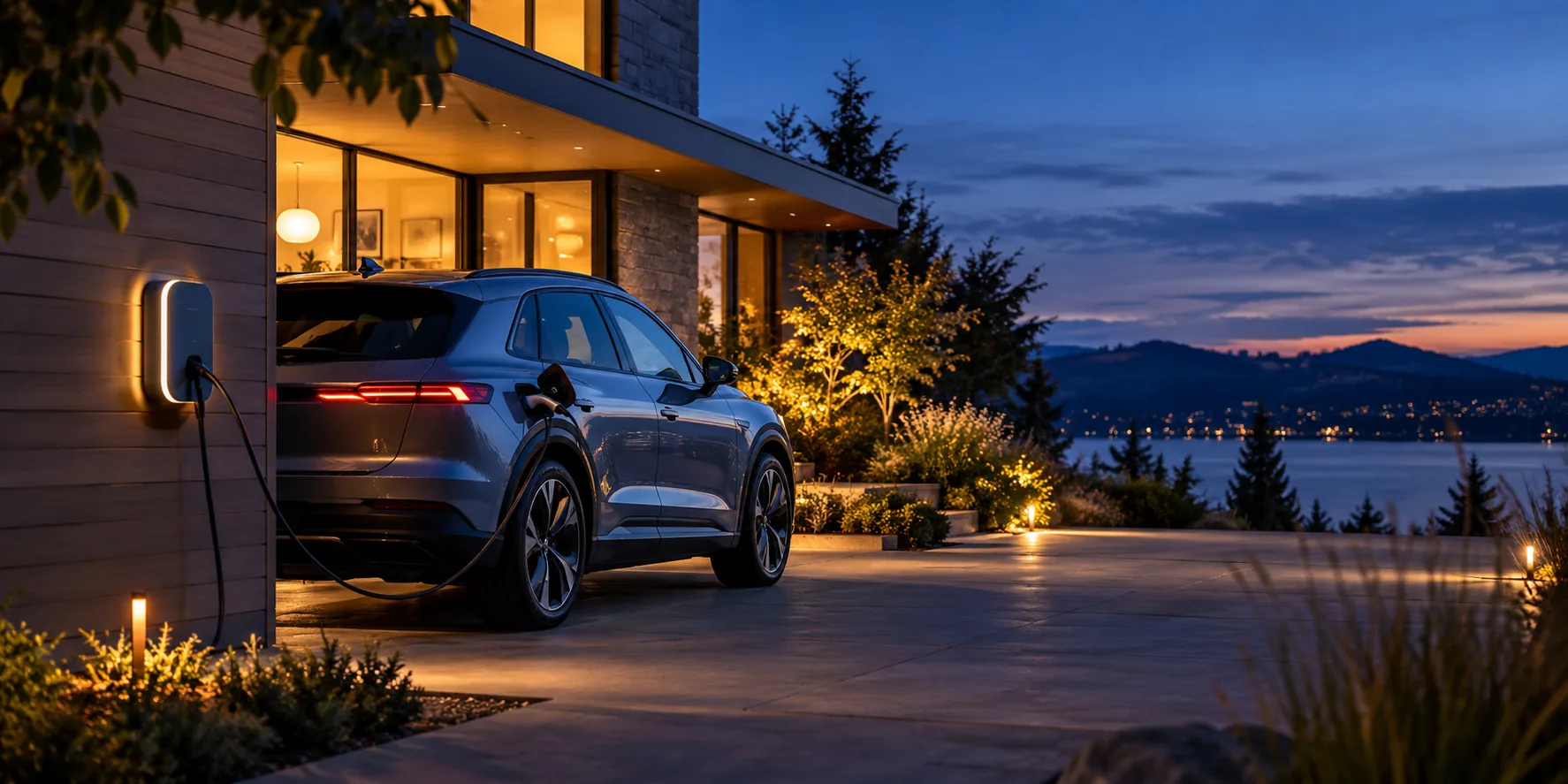 EV connected to a home charger in the evening