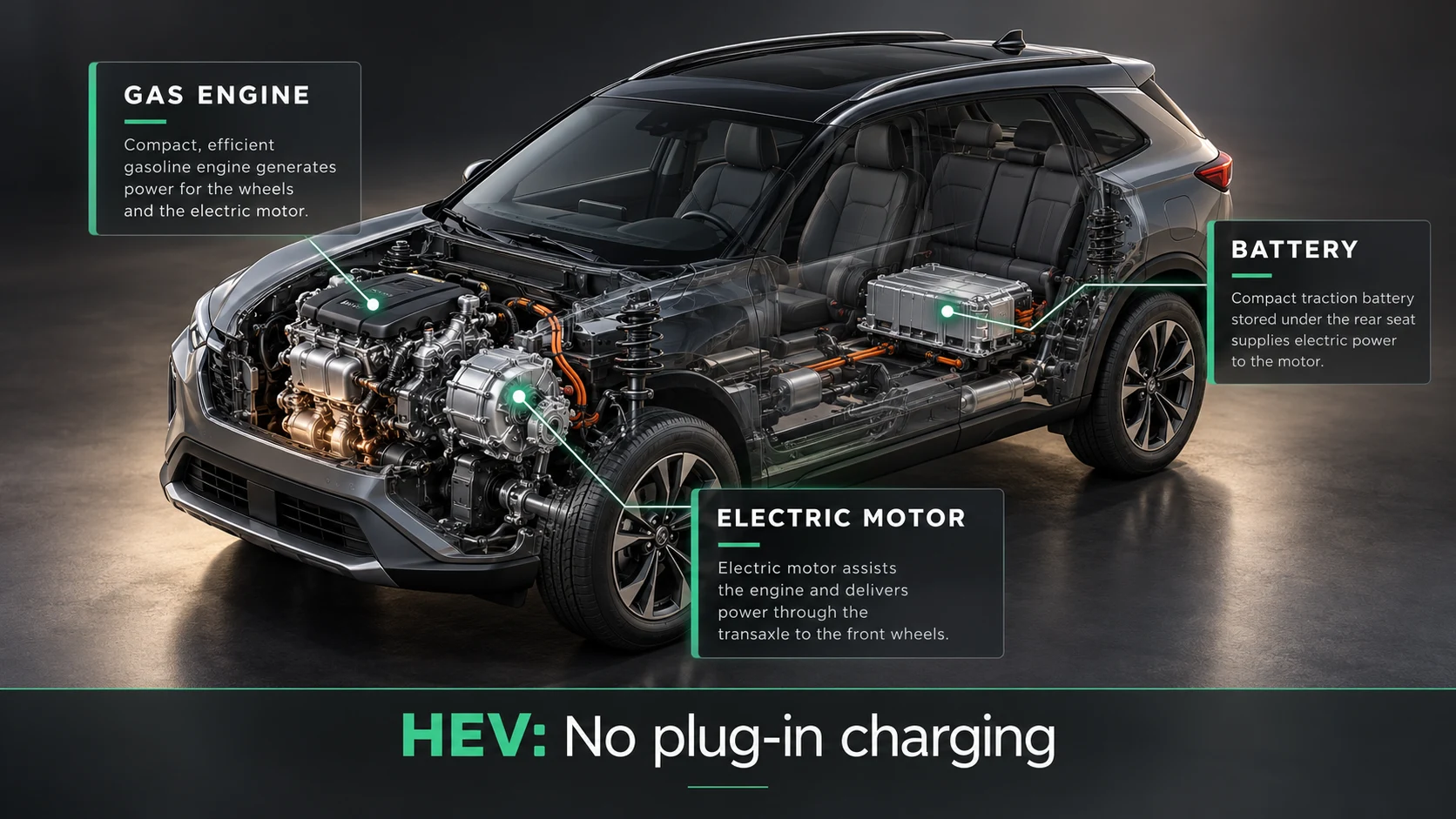 Conceptual HEV cutaway showing a gas engine, electric motor and traction battery