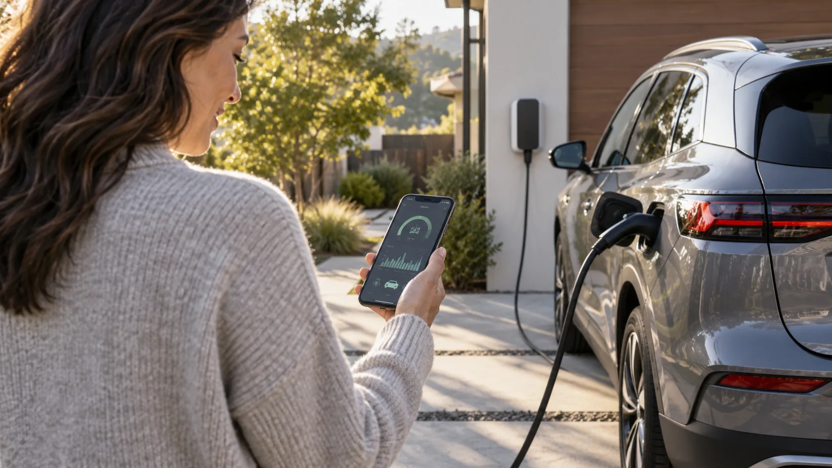 EV owner checking energy use while charging at home