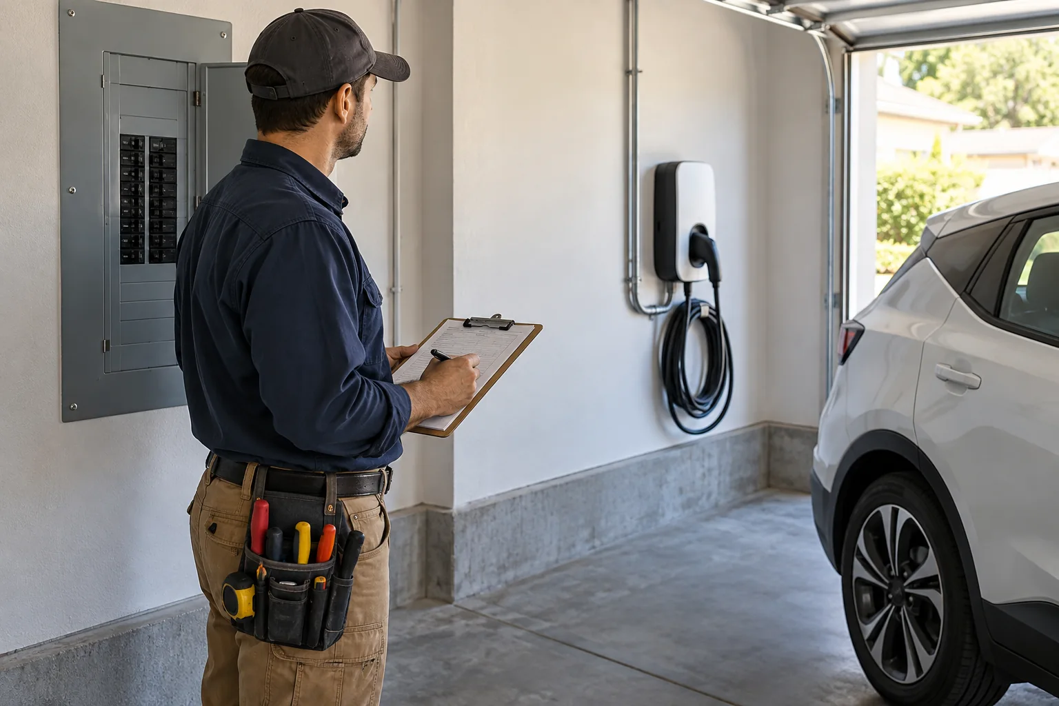 Electrician assessing the electrical panel and charger location in a home garage