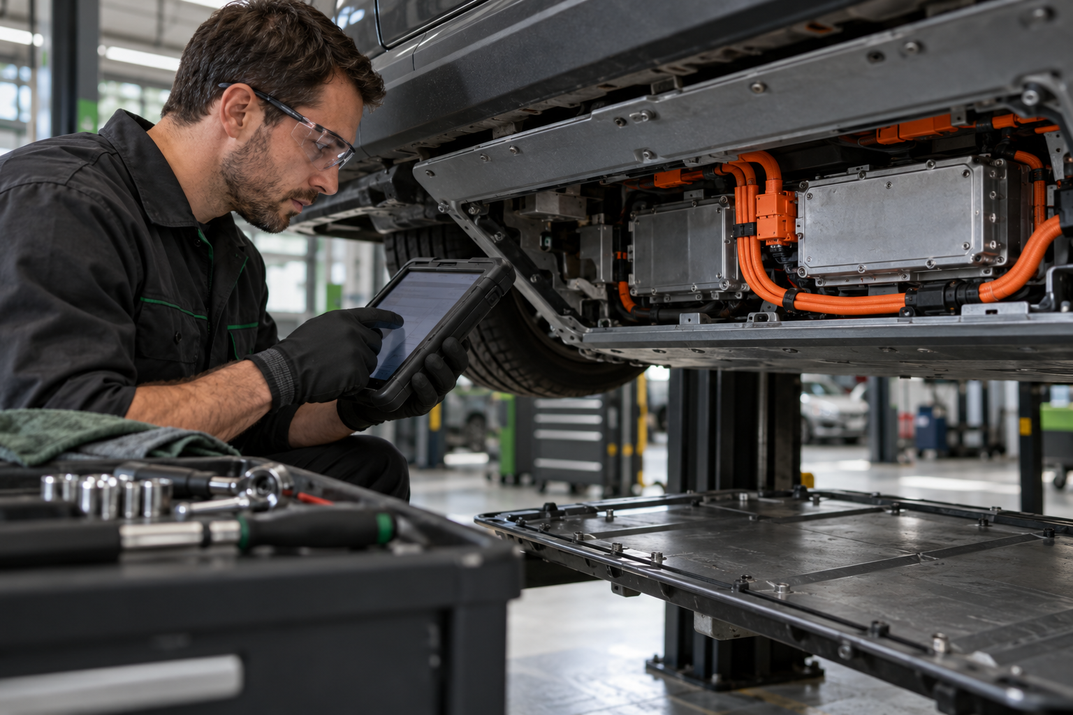 Qualified technician reviewing EV battery diagnostic information at a service bay