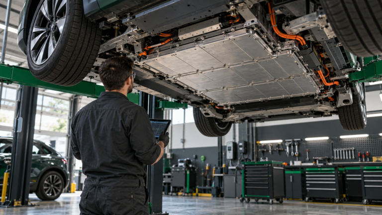 EV technician inspecting an underfloor traction battery