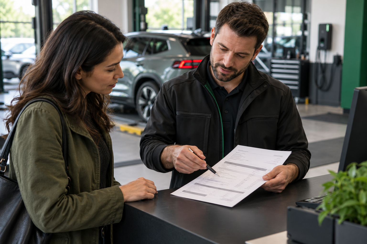 Owner reviewing a written itemized EV battery repair quote with service advisor