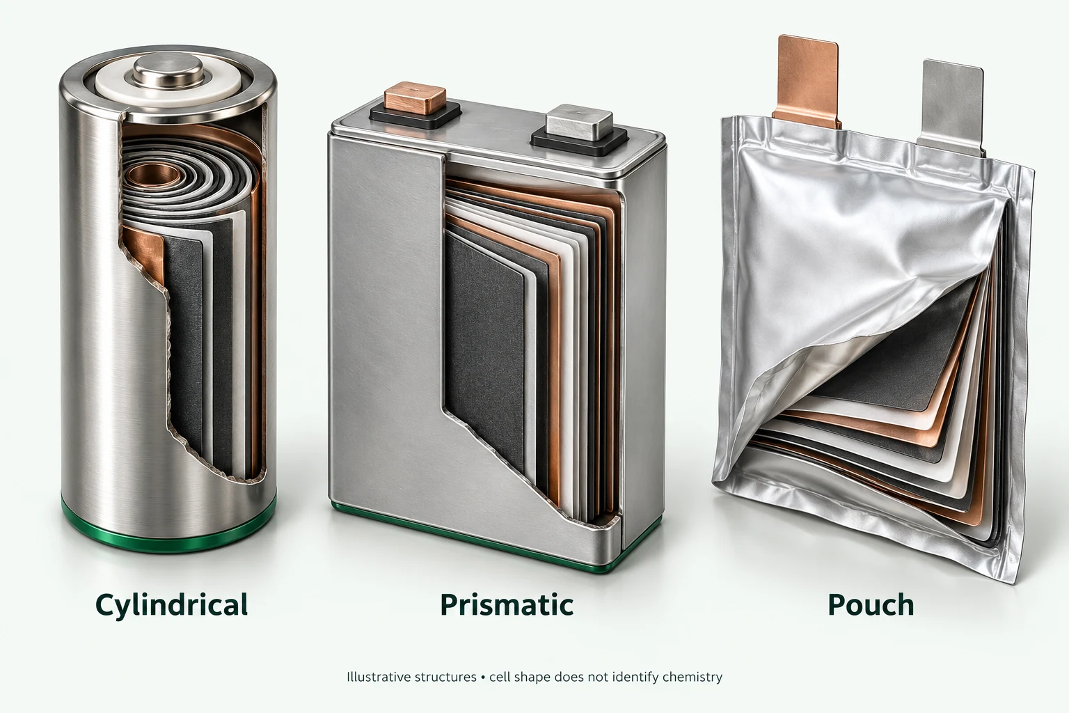 Cutaways of a cylindrical cell with wound electrodes, a prismatic cell with stacked layers and a peeled pouch cell.
