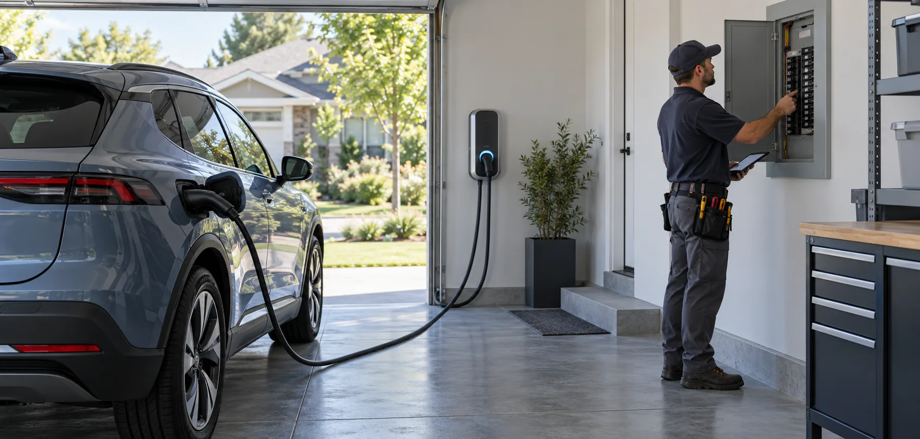 EV connected to a home charger while an electrician reviews the panel