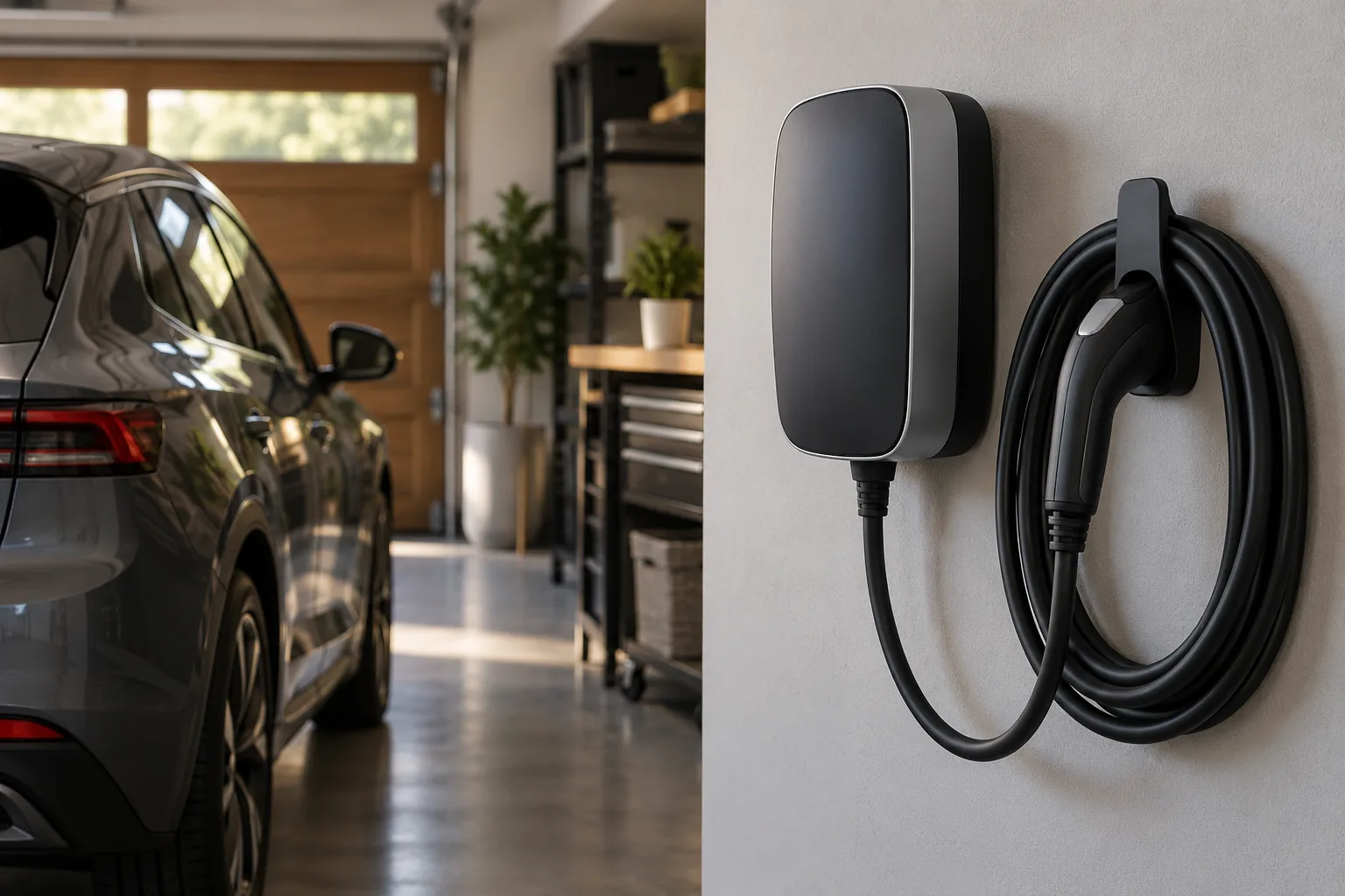 Wall mounted EV charging unit with cable stored beside it