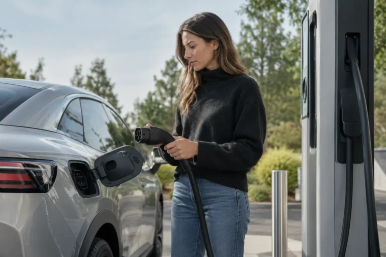 Driver checking the charging connector beside an electric vehicle