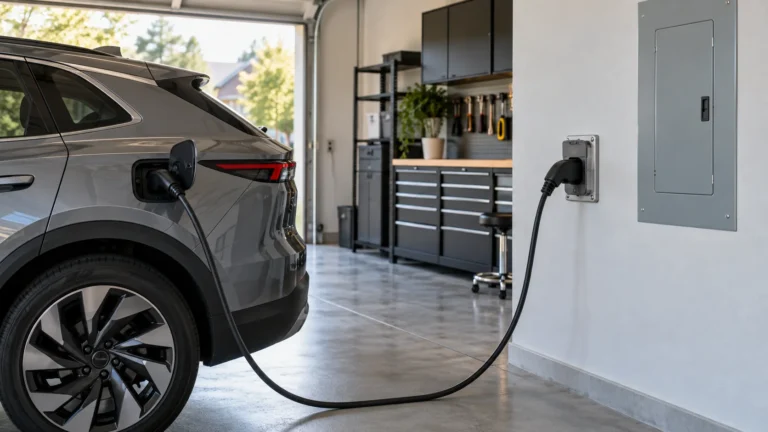 Electric car charging in a garage from a wall connection