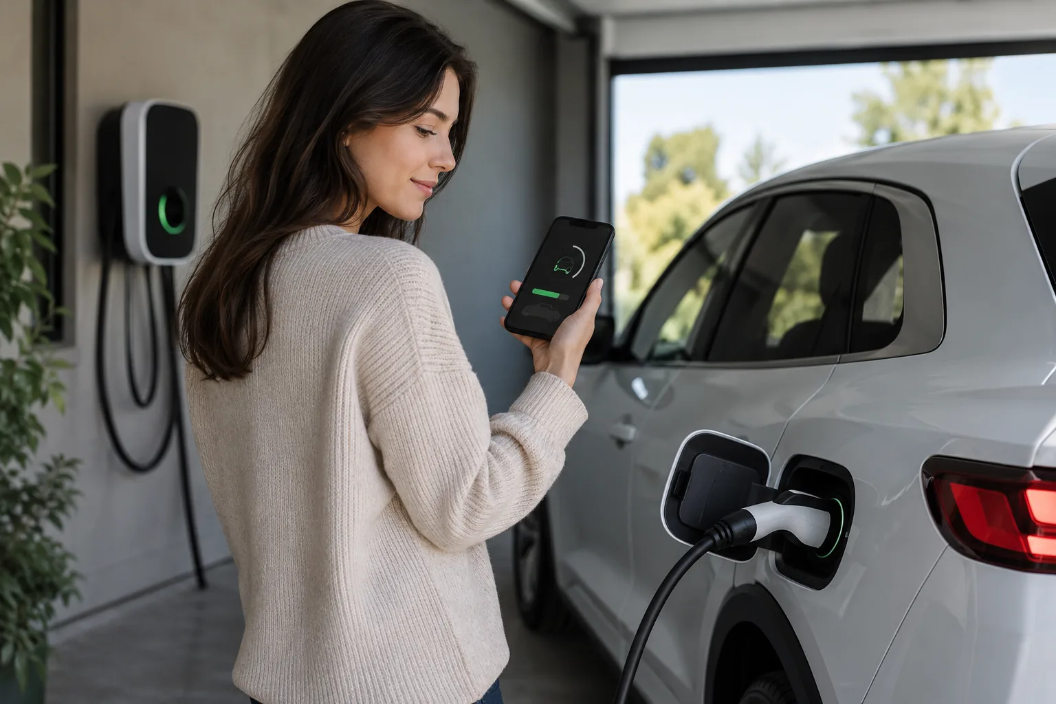 Driver reviewing a daily EV charge limit beside the vehicle