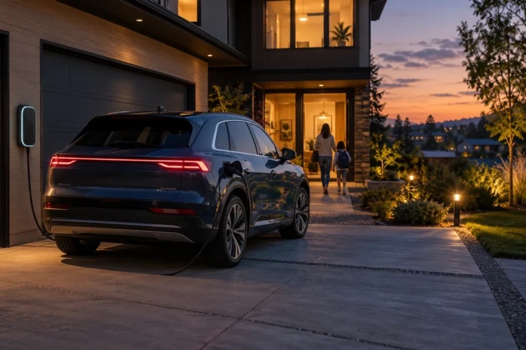 Electric car plugged into a home charger at dusk