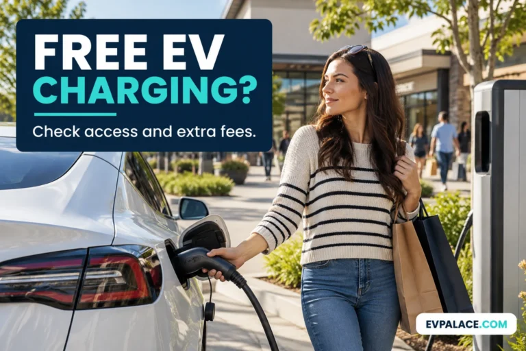Electric car charging at a shopping center with a reminder to check extra fees