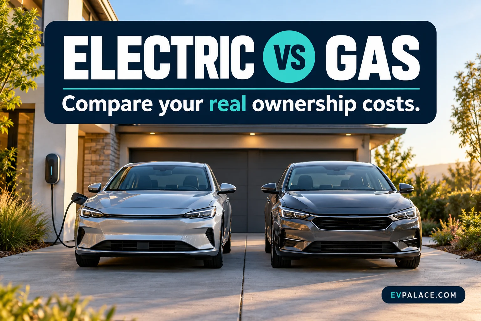 Electric and gasoline cars side by side in a driveway