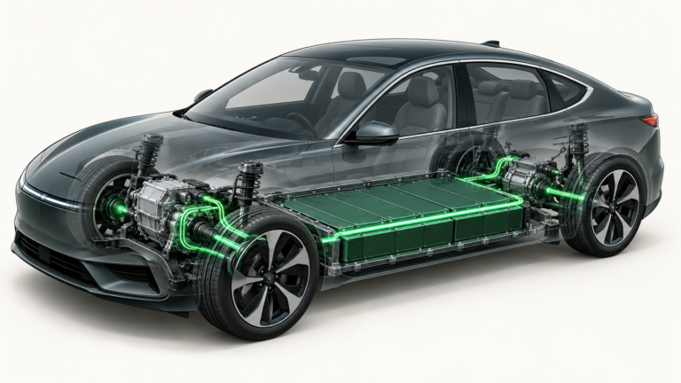 Conceptual cutaway illustration of an electric car with an underfloor battery and electric drive components