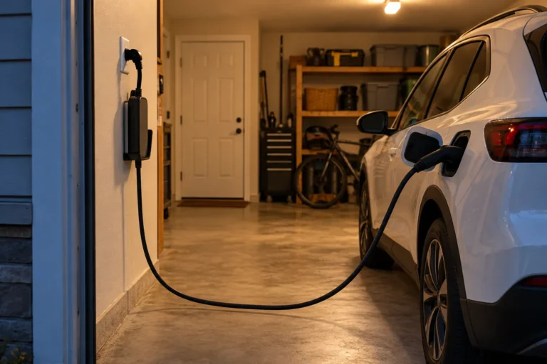 Electric car charging overnight using a portable charging cord in a residential garage