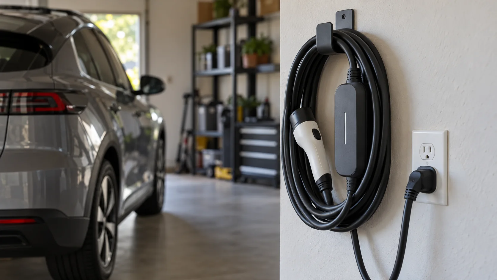Portable electric vehicle charging cordset stored on a garage wall