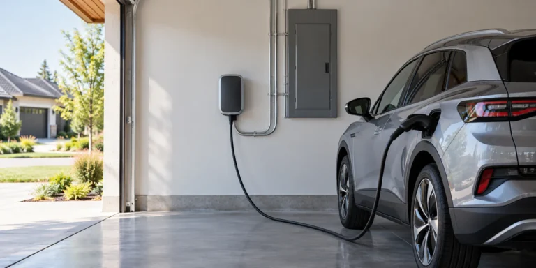 Electric car charging from a wall-mounted Level 2 charger in a residential garage