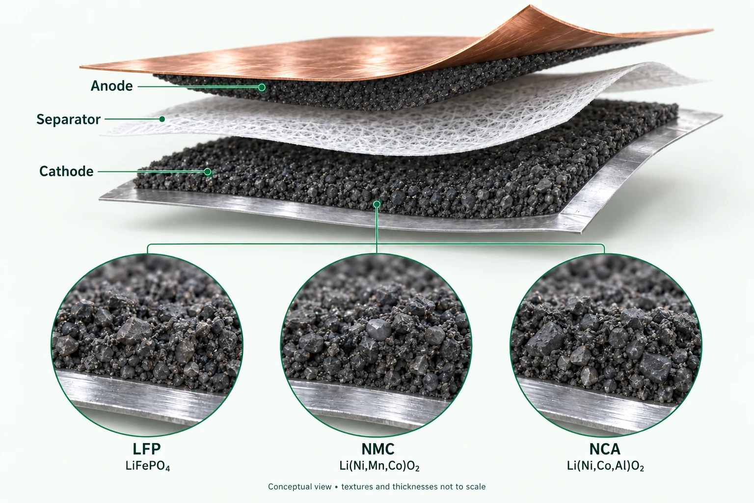 Exploded electrode layers showing a graphite anode, separator and cathode coating, with conceptual LFP, NMC and NCA coating closeups.