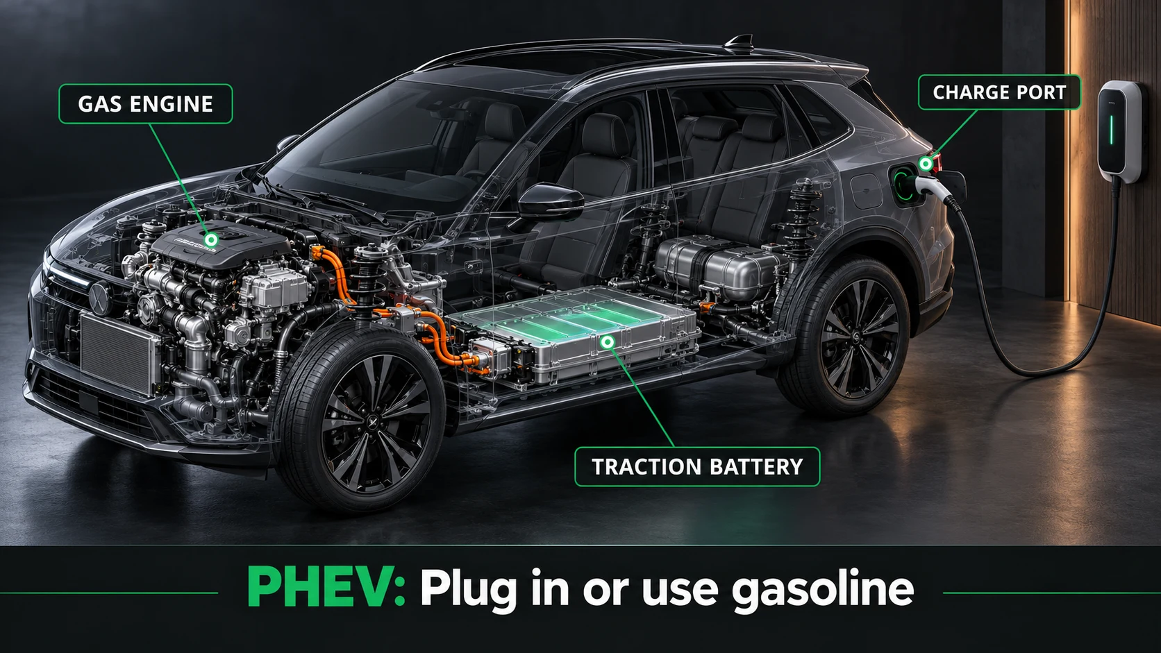 Conceptual PHEV cutaway showing a front gas engine, traction battery and charge port