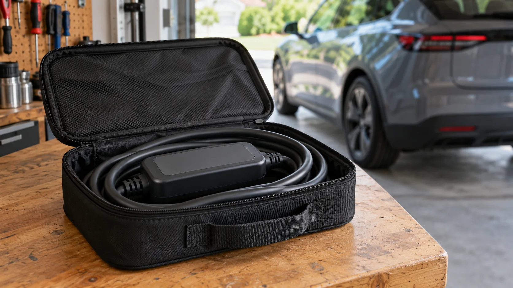 Portable EV charging cable and control box stored in a travel bag