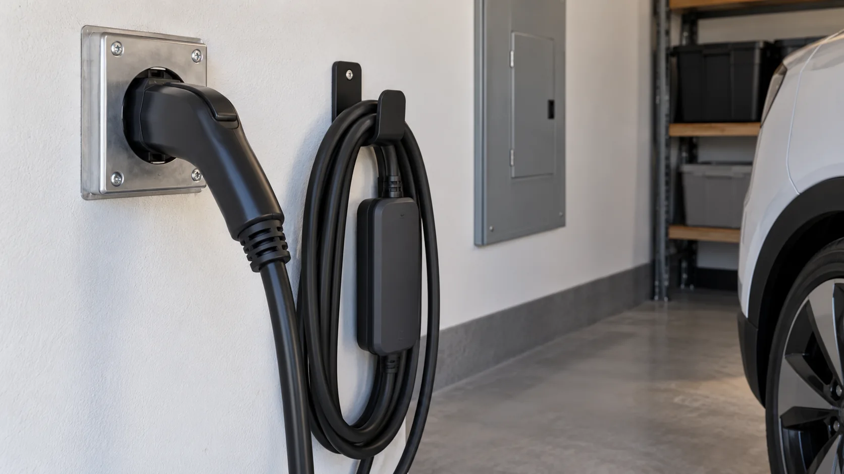 Portable EV charging equipment connected at a garage wall