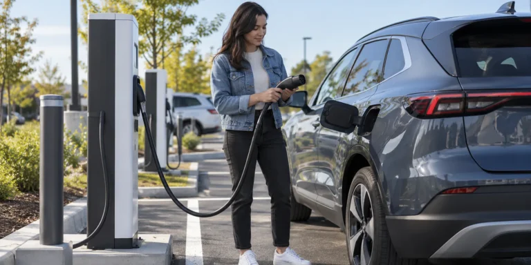 Driver checking a public EV charging connector beside the car