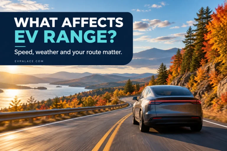 Electric car on a scenic highway with range factors highlighted