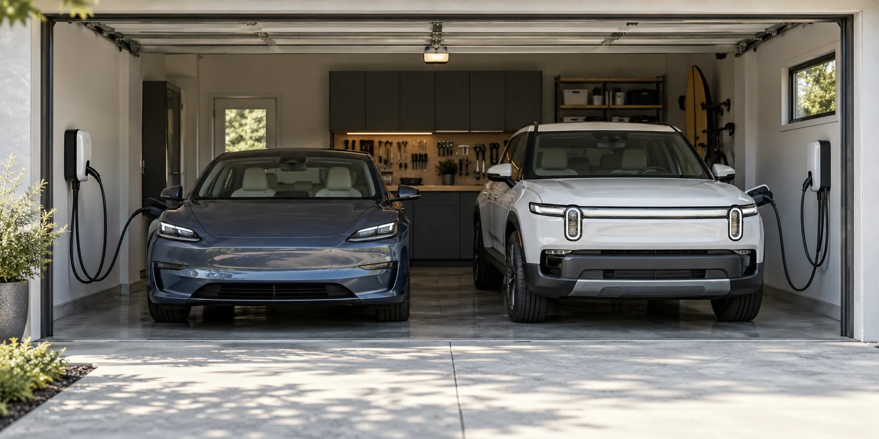 Two EVs charging in a residential double garage