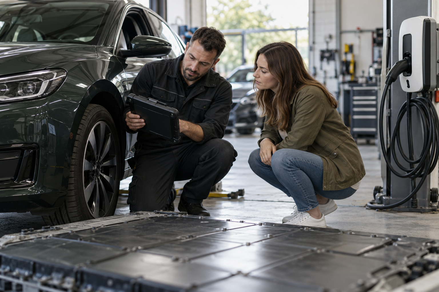 Mechanic and buyer reviewing diagnostic information for a used EV
