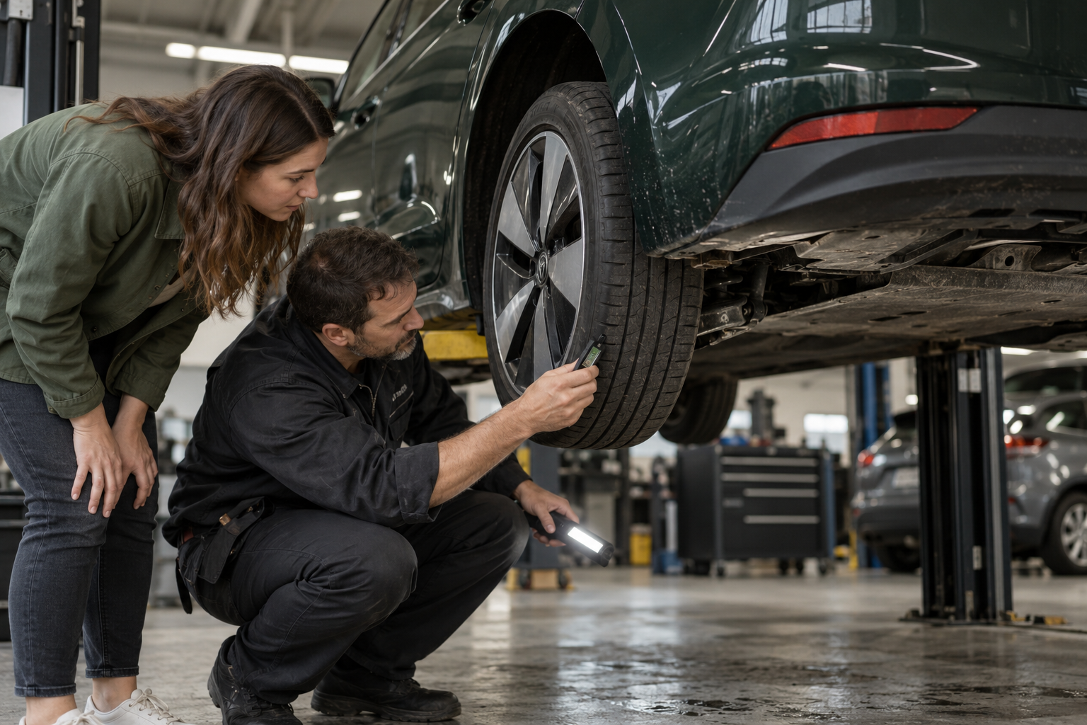 Buyer and mechanic inspecting tires and the underbody of a used electric car