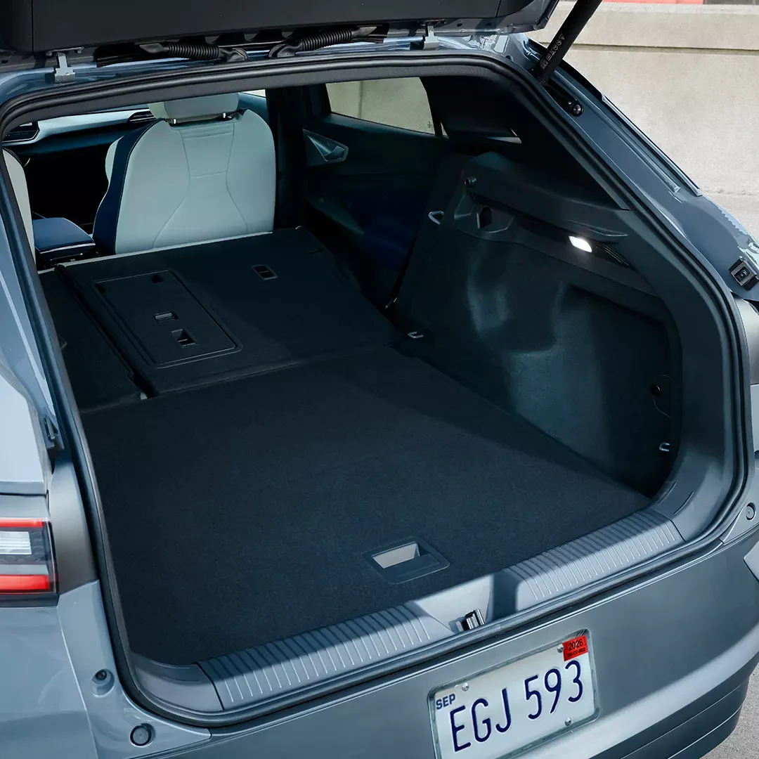 Open Volkswagen ID.4 cargo area with the rear seats folded.