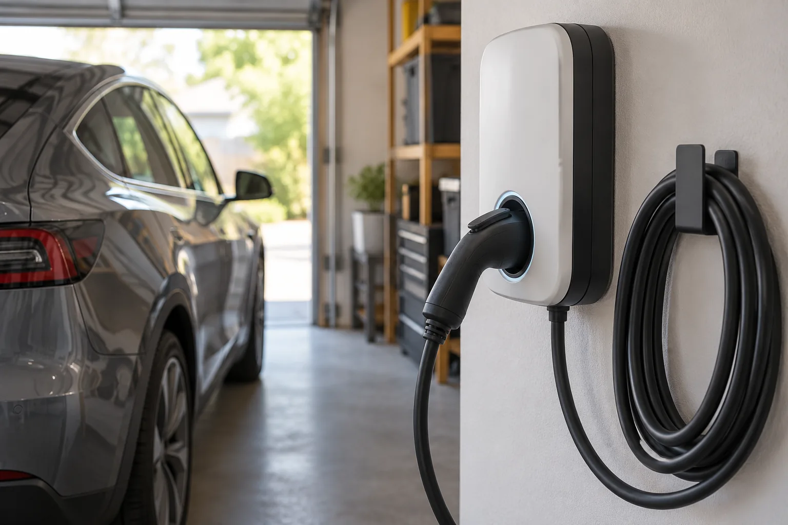 Wall-mounted Level 2 electric vehicle charger in a home garage