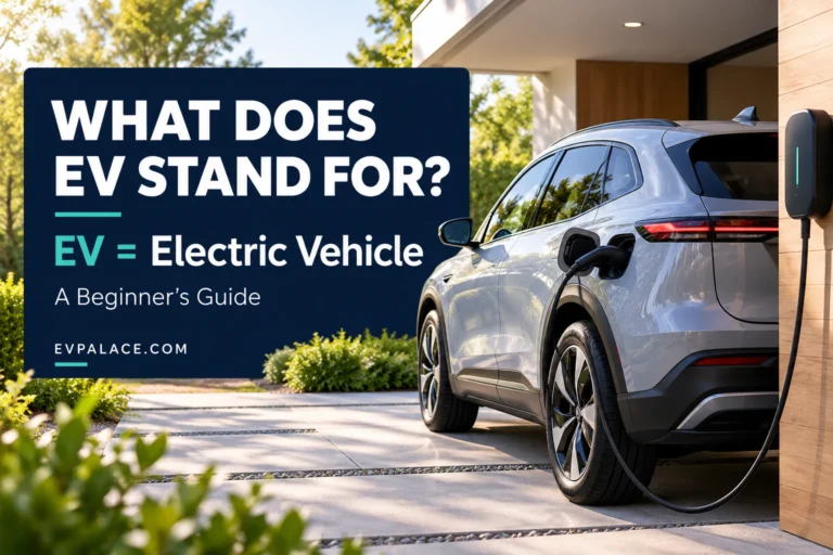 Electric car charging at home with the text EV equals Electric Vehicle