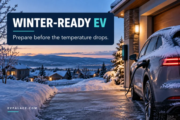 Electric car connected to a home charger on a snowy morning